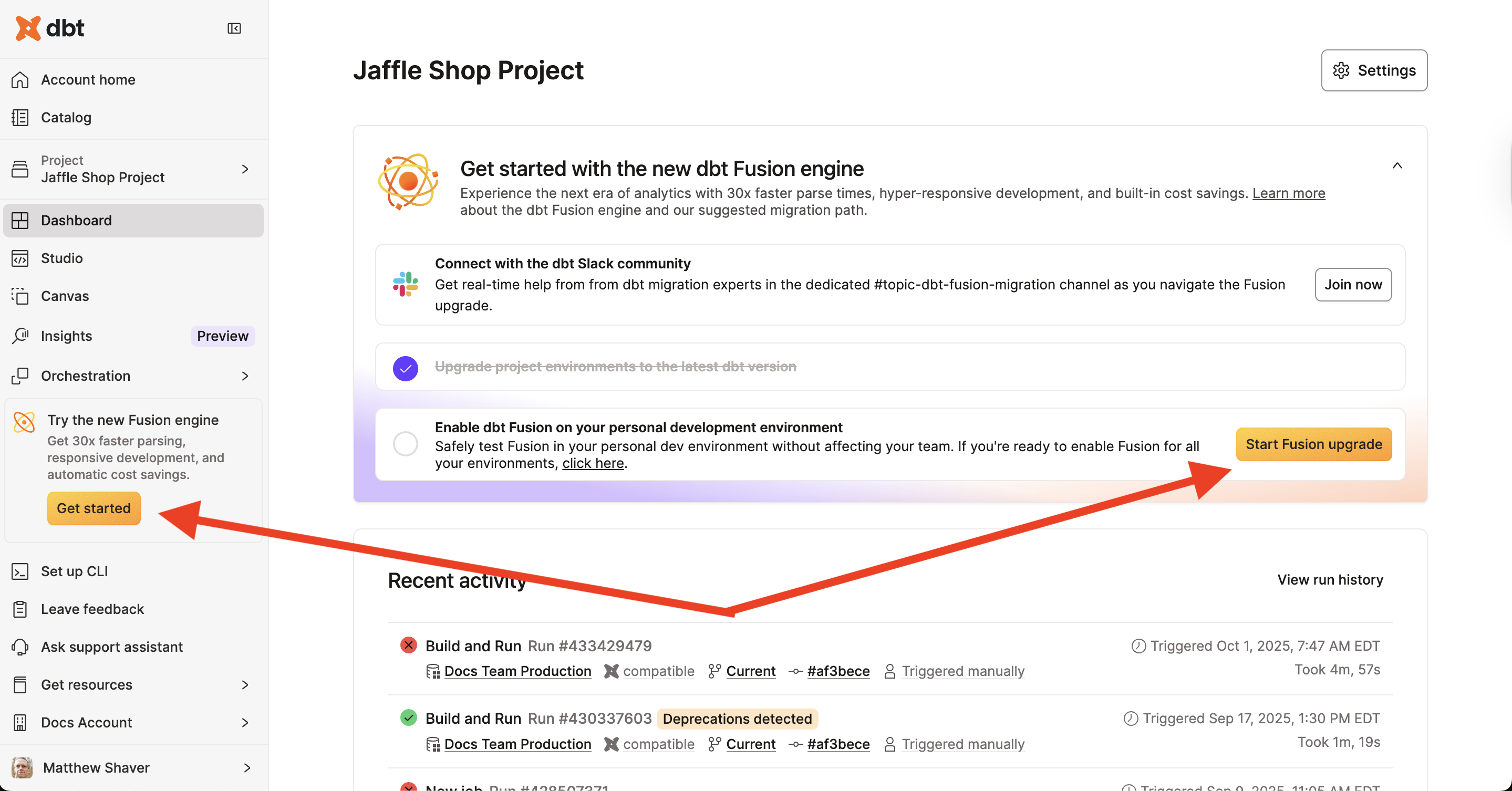 Start the dbt v2 upgrade from the project homepage