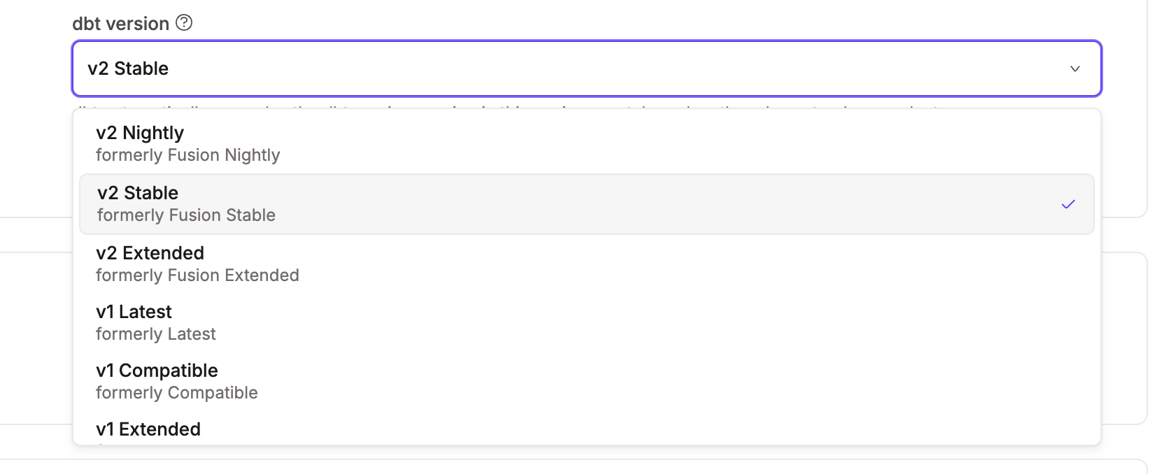Select v2 Stable from the dbt version dropdown